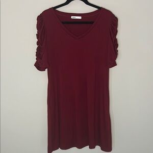 Burgundy V-Neck Dress with Ruched Sleeves